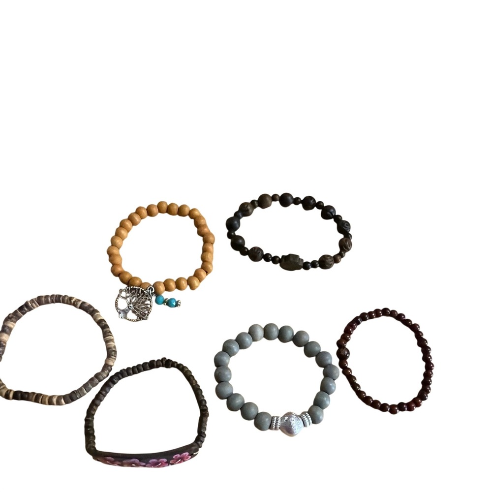 6pc Mixed Wood and Stone Stretch Bracelet Bundle Tree of Life Cross Boho Earthy